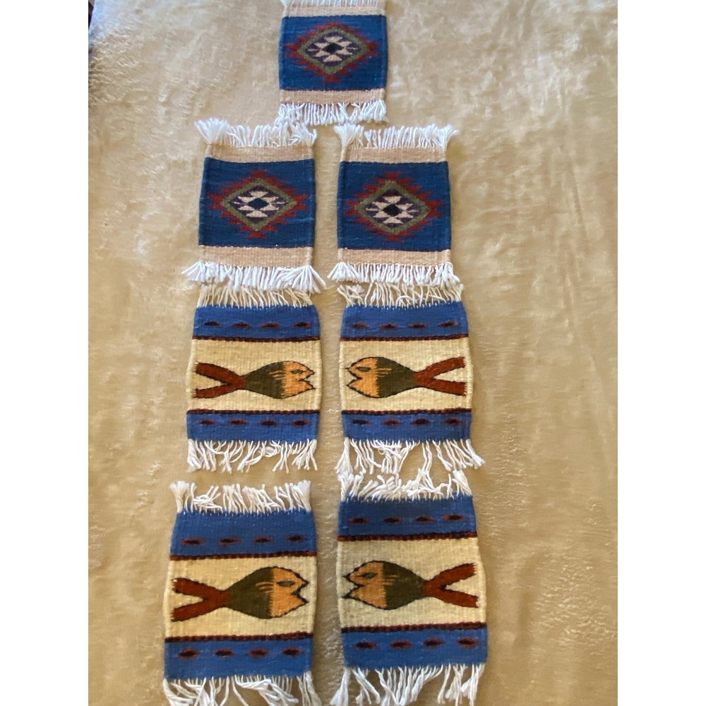 Woven Coasters Art Set Of 7 Handmade Fish Geo Fringe Decor k3